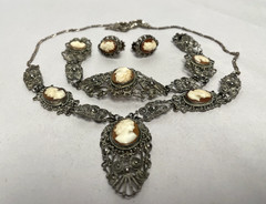Vintage 800 Silver Filigree Cameo Parure Necklace, Earrings, and Bracelet Set
