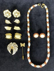 Vintage Signed Trifari Necklace & Earring Set w/4 earring pairs, 1 Brooch, 1 Pin