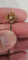 Antique Victorian Tested 10k Gold & Real Diamond Triple Heart Hat Pin Read Read