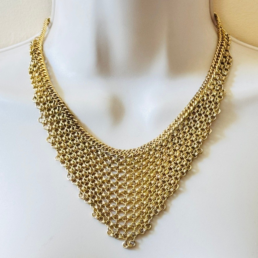 Chainmail Rolo Chain Bib Necklace VTG Statement Collar Gold Mesh Waterfall 18″
