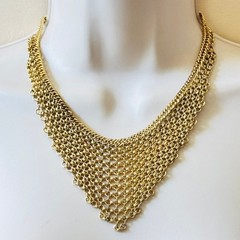 Chainmail Rolo Chain Bib Necklace VTG Statement Collar Gold Mesh Waterfall 18″