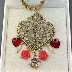Vintage 1980s Filigree Heart with Crystals & Roses CUSTOM O-o-a-K Assemblage
