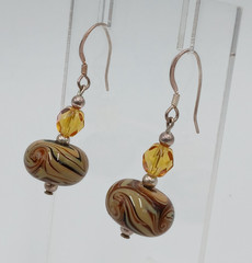 925 Lampwork Glass Bead Earrings 1.25in Sterling Silver 5gtw Brown Cream Swirl