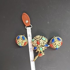 Vintage Hollycraft Brooch Earrings Set Fruit Salad Glass Pearl Gold Tone