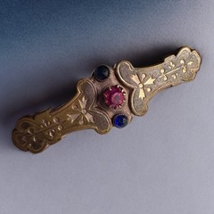 Antique Victorian Revival Gold-Tone Bar Brooch Red Blue Glass Stones c1900