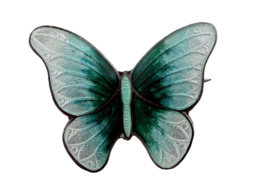 Vintage Sterling Silver Guilloche Enamel Teal Green Blue Butterfly Pin 2g 21mm