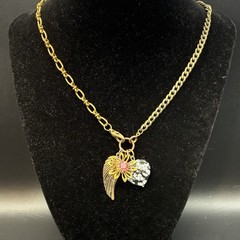 Vtg Brassy Bronzy Necklace & Charms of Mixed Metals: Heart, Flower, Angel Wing