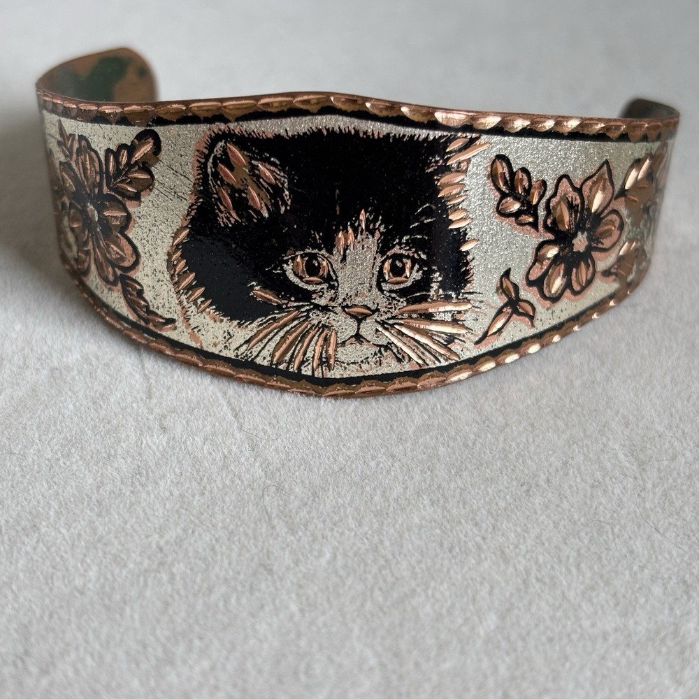 Copper Reflections Cat Kitten Copper Cuff Bracelet Handcrafted Floral Adjustable