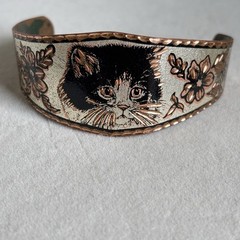 Copper Reflections Cat Kitten Copper Cuff Bracelet Handcrafted Floral Adjustable