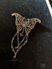 Vintage Butterfly Silver Tone Filigree Black Rhinestone Brooch Pin Marcasite
