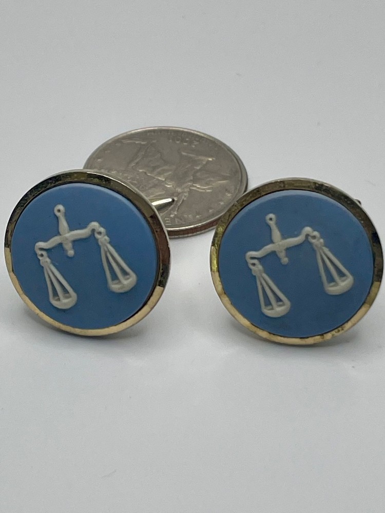 Vintage Wedgwood Blue Scales of Justice Cameo Libra Blue White Gilt Cufflinks