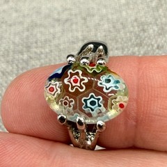 Vintage Millefiori Ring Oval Glass Multi Color Flowers Silver Tone Size 8.25