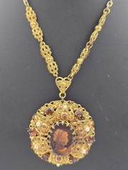West Germany Rootbeer Cameo Set Filigree Faux Pearl Rhinestone Necklace