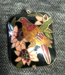 Vintage Cloisonne enamel bird floral pendant black and gold tone double sided