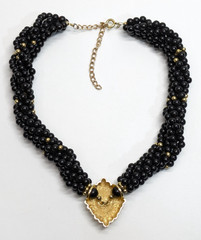 VTG Victorian Revival Twisted Black Bead Gold Tone Cameo Pendant Necklace 16-18″