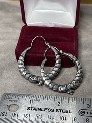 Estate Antique Elegant Sterling Silver Ornate Pierced Hoop Earrings