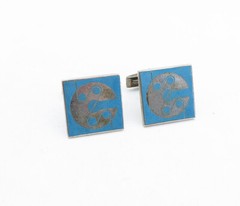 925 Sterling Silver Vintage Blue Enamel Design Bullet Back Cuff Links TR1253