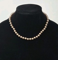 Taupe Faux Pearl Necklace 17 Inches Knotted 8mm Beads Vintage Sheen Unsigned