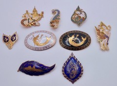 Vintage Thailand SIAM Bronze Gold-tone Niello Brooch Pins Lot of 9 L84