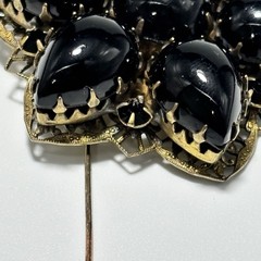 Vintage Brooch Pendant Teardrop Black Glass Cabochons Double Layered 2-1/8″ Long