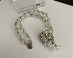 Vtg Faceted Clear Cut Crystal Bead Bracelet Double Strand Rhinestone Clasp 7.5”