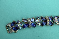 Signed Star AB & Sapphire Blue Rhinestone Bracelet Snap Close & Safety Chain
