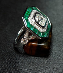 Art Deco Style Ascher Cut Lab-Created Diamond & Emerald Double Halo Silver Ring