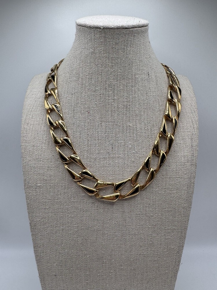 Vintage Monet Gold Tone Black Enamel Choker Collar Chain Necklace 17”