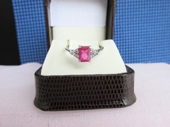 Vintage 925 Sterling Silver Faux Ruby & CZ Ring Emerald-Cut SZ 11