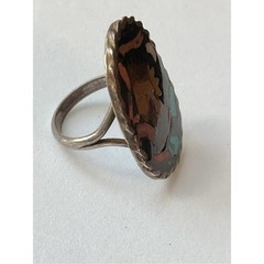 Vintage Sterling Native American Coin Gemstone Mosaic Inlay Ring Size 5.25