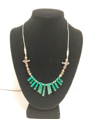 Silvertone Beaded Faux Malachite Gemstone Necklace With Birds Barrel Clasp 21″