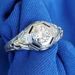 Original EARTH MINED DIAMOND Deco Engagement Ring 18K WHITE GOLD Solitaire S 6