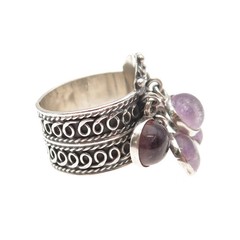925 Sterling Silver Vintage Mexico Real Amethyst Dangle Charms Ring Size 8.25