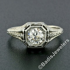 Antique Deco Belais 18k Gold European Diamond Engraved Filigree Engagement Ring