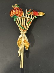Harvest Brooch Autumn Pin Fall Gold Tone Rake Enamel Pumpkin Corn Leaf Vintage
