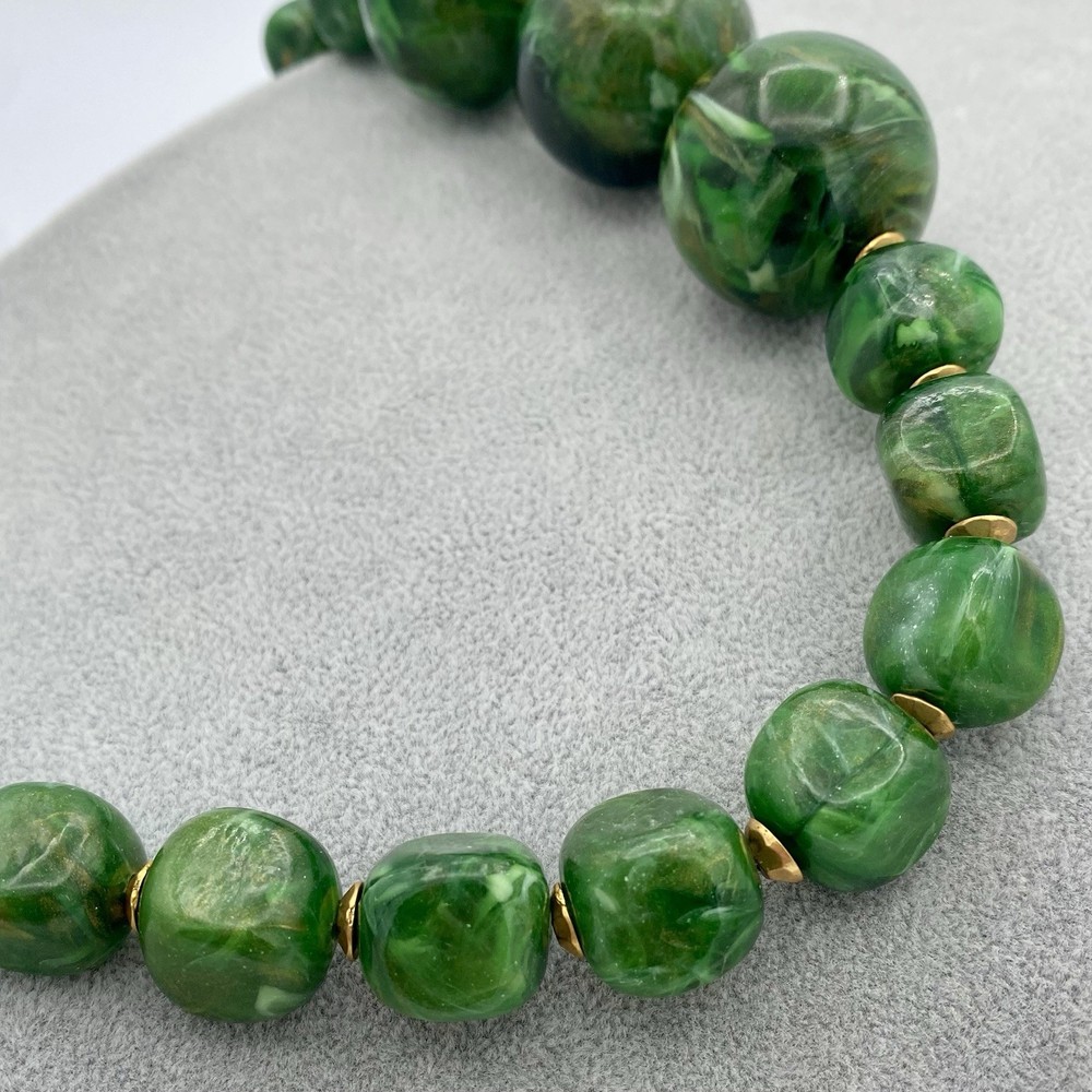 Artisan Jumbo Marbled Gold Green Resin Beaded Necklace Golden Spacer Beads 107g