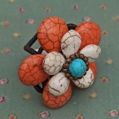 Bohemian Chunky Ring 3d Flower White Turquoise & Orange Gemstone Natural New
