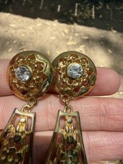 Vintage Gold Tone Dangle Drop Earrings Clip On Teardrop Ornate Rhinestone