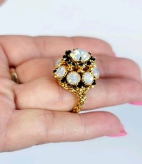 Vintage Stretch Ring Opalite Onyx Gold Tone Strech Band 6, 7, 8