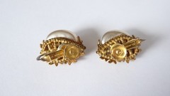 Miriam Haskell Earrings Baroque Faux Pearl Gilded Floral Clip-On Vintage 2400513