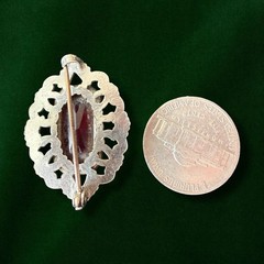 Antique Victorian Brooch Pin Red Glass Silver Tone C Clasp Filigree