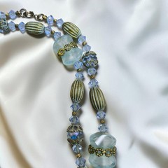 Vintage 1950s 1960s Aqua Glass Crystal Long Beaded Necklace AB Mid Century 33″