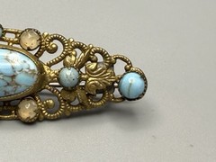 Czech Vintage Turquoise Blue Glass Cabochon Brass Filigree Brooch Pin 2.25”