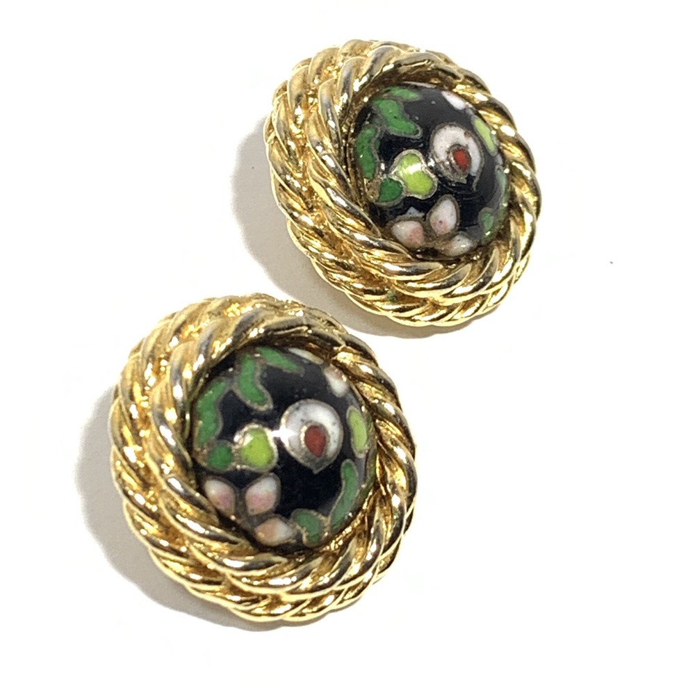 VTG FRIENDSHIP Gold Tn Clip Back Earrings Black Cloisonne Enamel Round Floral