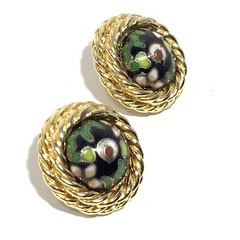 VTG FRIENDSHIP Gold Tn Clip Back Earrings Black Cloisonne Enamel Round Floral