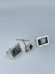 Swank Cufflink and Tie Tack set Jadeite rectangle silver tone 3/4″