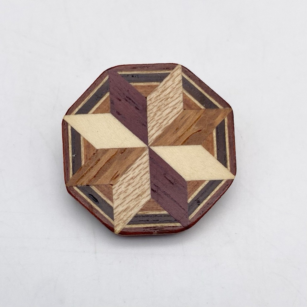 Vintage Brooch Inlaid Wood Octagon Shaped Hand Crafted