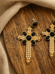 Vintage Gothic Cross Drop Earrings Black Cabochon Faux Pearl Gold Tone Statement