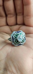 Art Deco Round Lab Created Diamond & Emerald Wedding 14Ct White Gold Finish Ring