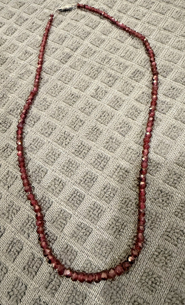 Natural Garnet Faceted Bead Necklace 19″ Deep Red Gemstone Strand Vintage